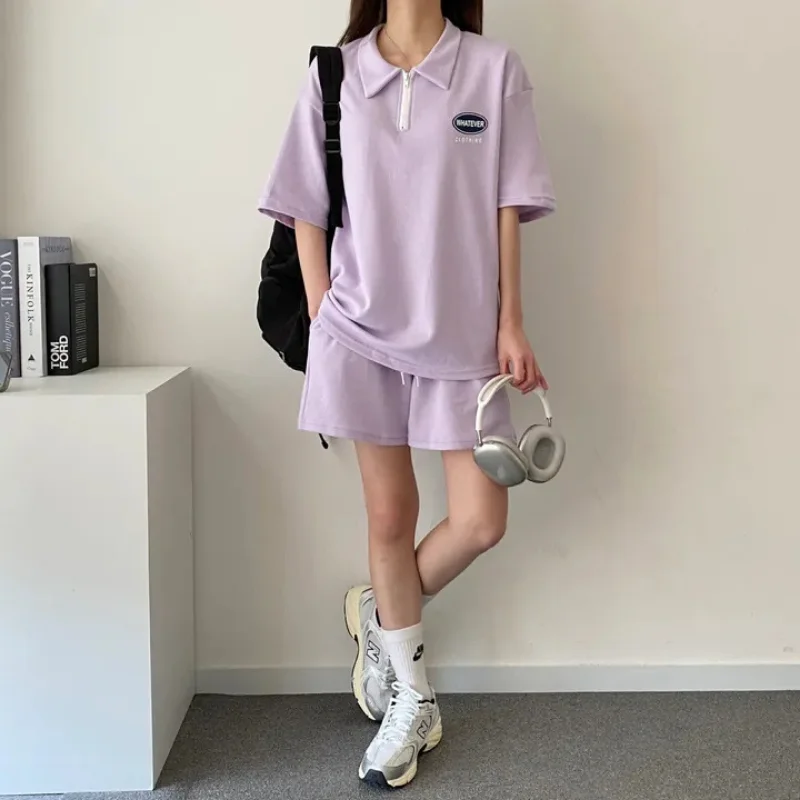 Summer Women Oversize Outfits Short Sleeve Polo Neck Shirt Two Piece Shorts Set Loose Tees Tops 2pcs Sportswear Casual Tracksuit