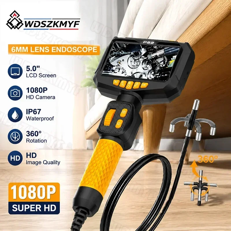 Endoscope 6.0mm Lens 360° Left Right Rotation 1080P HD 5 Inch Screen IP67 Waterproof for Home Appliance Repair Washing Machine