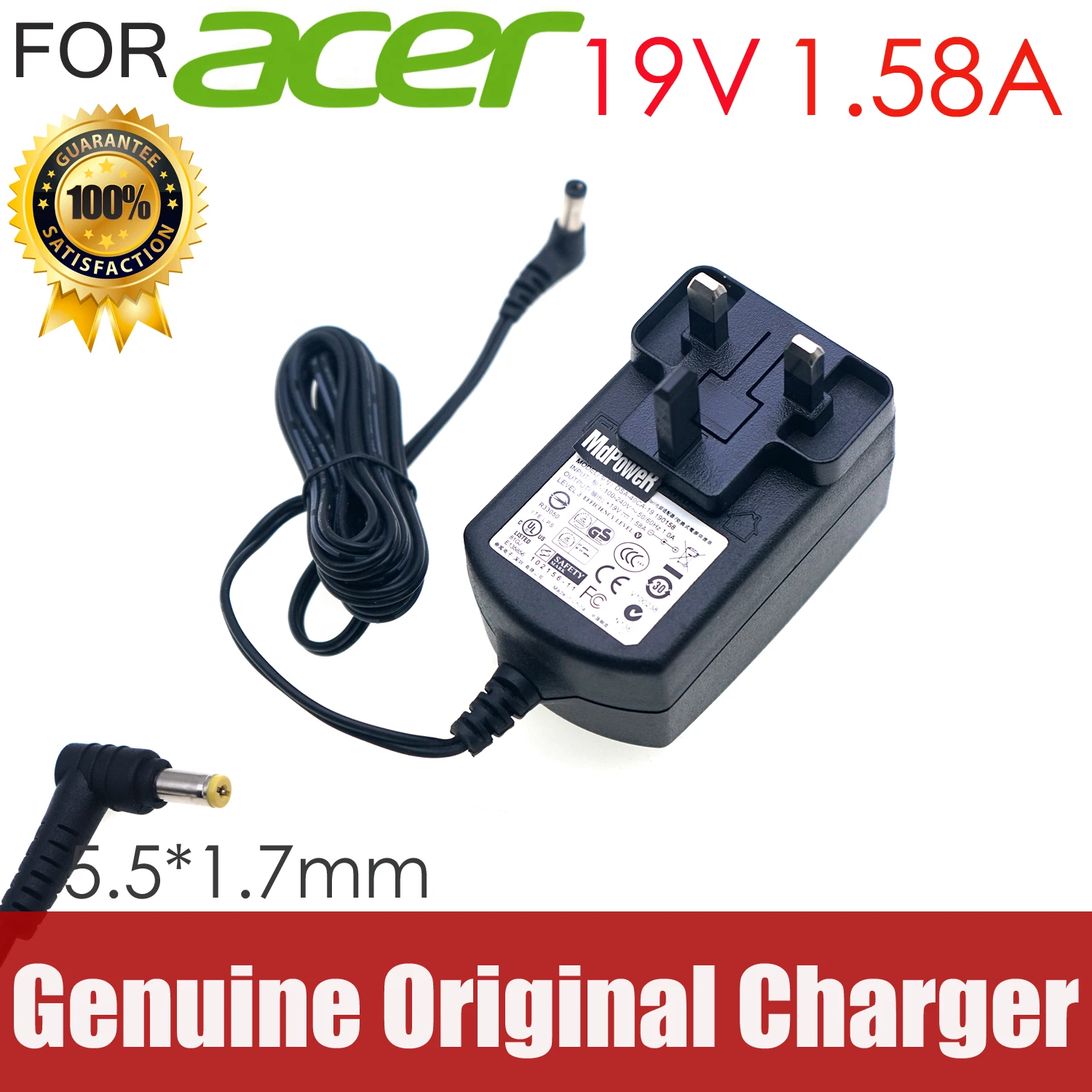 Adaptador de corriente alterna para portátil ACER, 19V, 1,58a, Aspire One A150 AO532h D150 D210 D250 D255 D255E D257 D260 E100 EM250 EM355