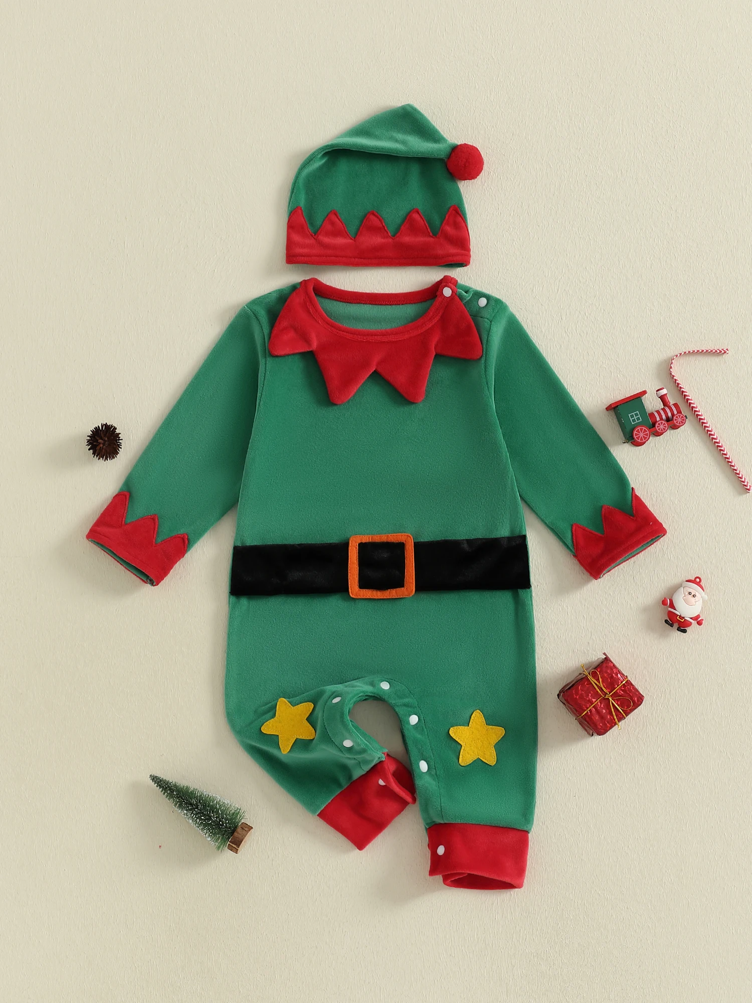 

Christmas Santa Claus Costume Baby Boy Girl Outfit Red Velvet Romper and Hat 2 Piece Set with White Faux Fur Trim