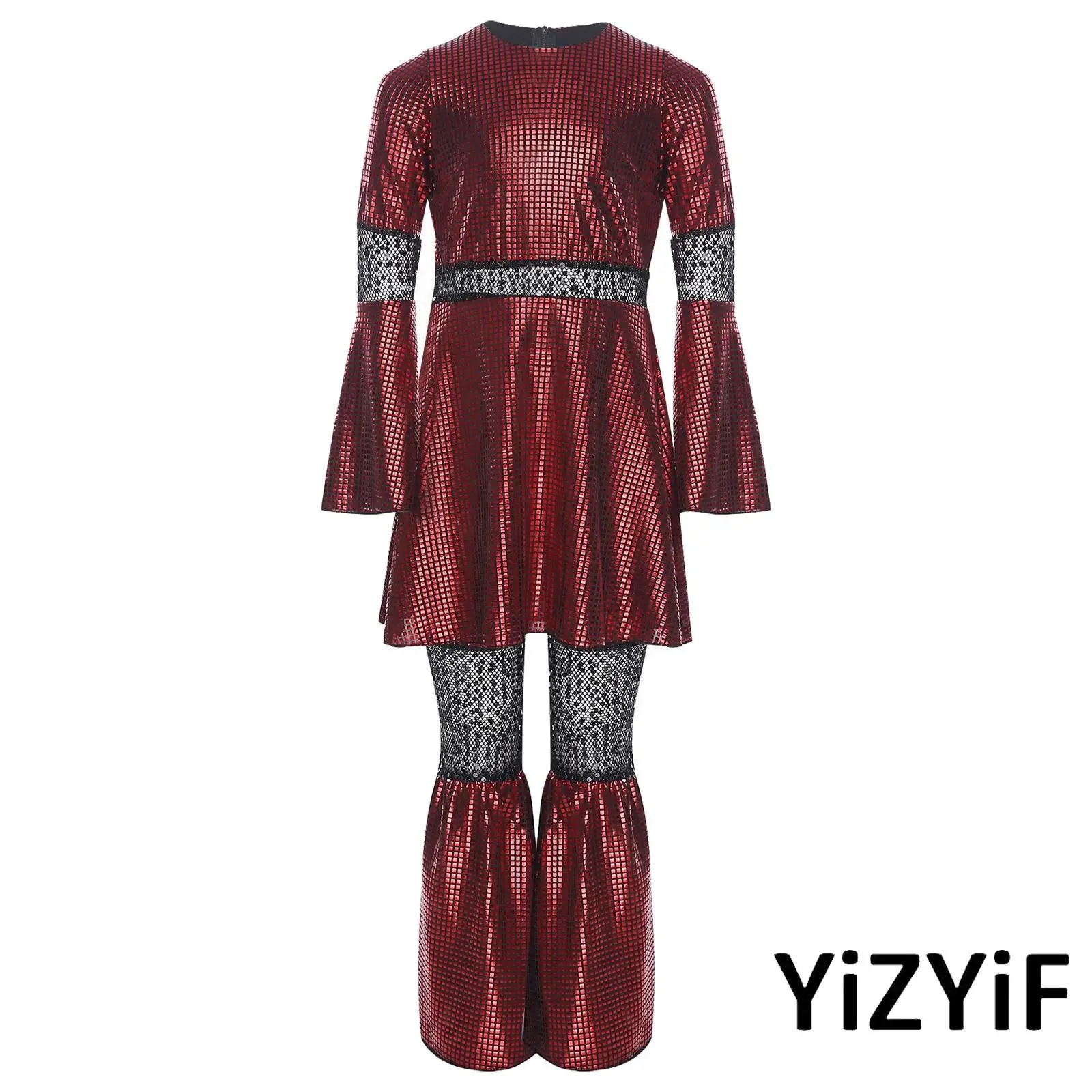 

Kids Girls Vintage-Inspired Disco Outfit with Bell Bottom Pants And Flared Sequined Sleeves Dress for Rock Music Themed Parties