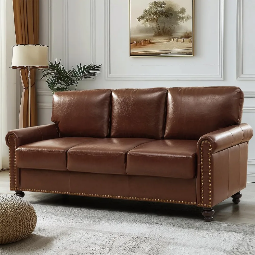 

80" Faux Leather Sofa with Storage, Mid-Century Modern Rolled Arm Couches for Living Room Furniture, Easy Tool-Free Assembly, Na