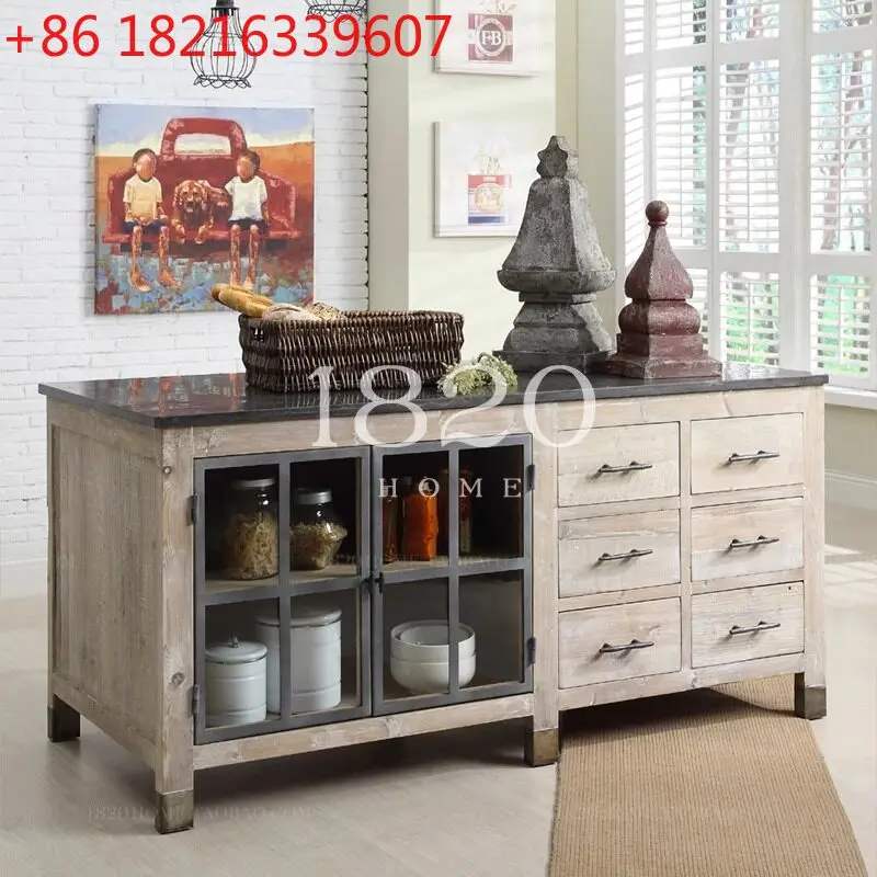 

American country solid wood rock slab middle island kitchen retro old console kitchen cabinet