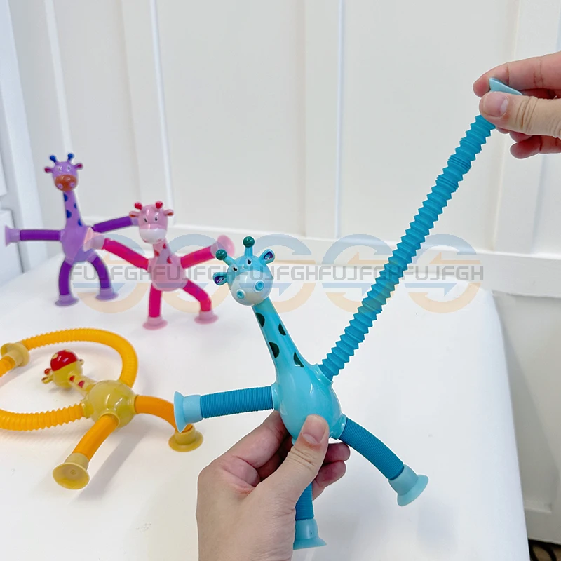 Creative Suction Cup Giraffe luminous Squeeze Toy Changeable Cartoon Telescopic Tube for Kids Decompression Toys Puzzle Pop Tube