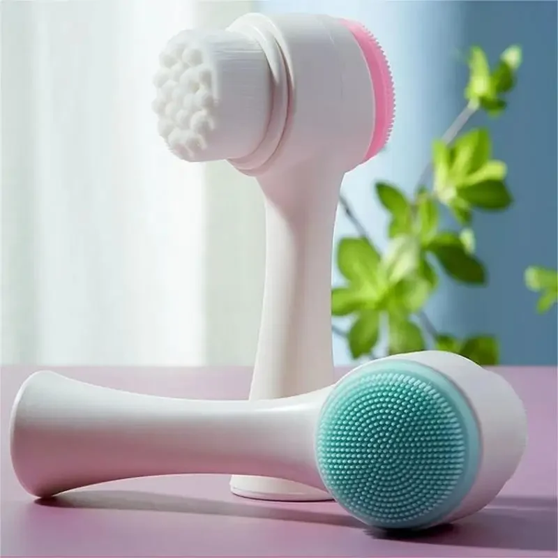 A escova limpando facial dobro do silicone 3d, massagem manual, exfoliator, remoção do poro, esfrega, lavando
