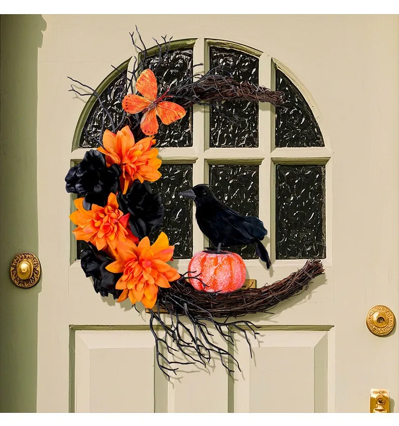 

Halloween Moon Cat Wreath Artificial Flower Garland Horror Prop Hanging Wreath for Front Door Window Wall Halloween Decoration