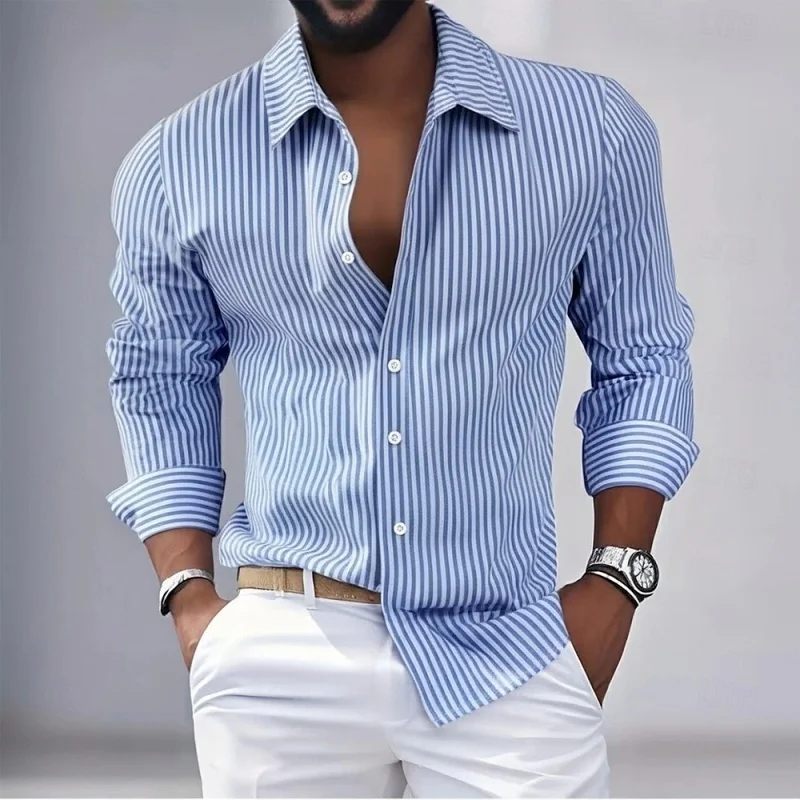 Men's Shirts Grey and White Vertical Striped Long Sleeve Shirts Casual Flannel Open-Neck Sweater Shirts Business Men's Blouses