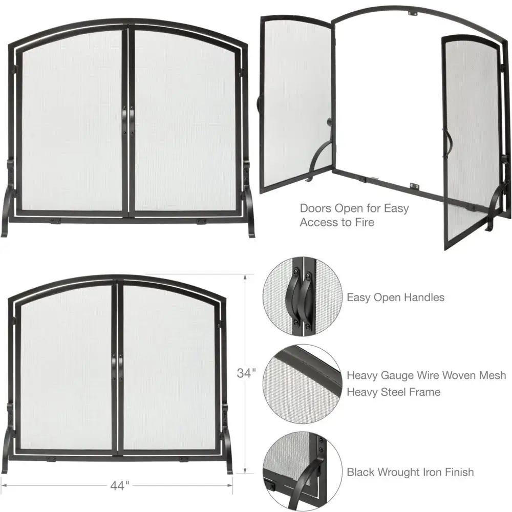 

Stylish S-1064 Black Wrought Iron Fireplace Screen with Doors - Large Single Panel