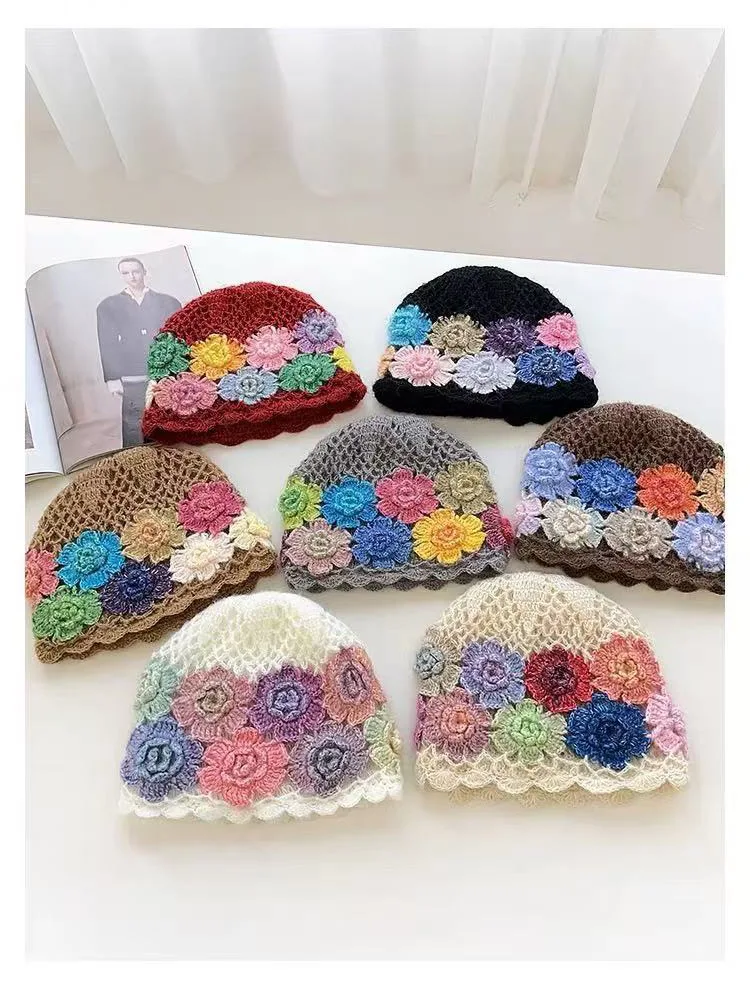 Japanese Retro Literary and Artistic Color Flower Wool Beanie Hat Women Autumn Spring Thickened Warm Knitted Hollow Bald Hat