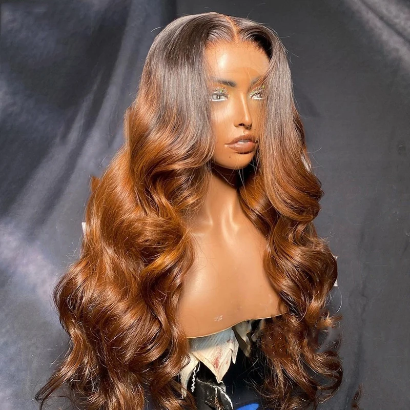 Perruque Lace Front Wig Body Wave sans colle pour femmes noires, cheveux de bébé, pré-épilés, doux, longs, 26, ombré, marron, blond, densité 180, degré de chaleur