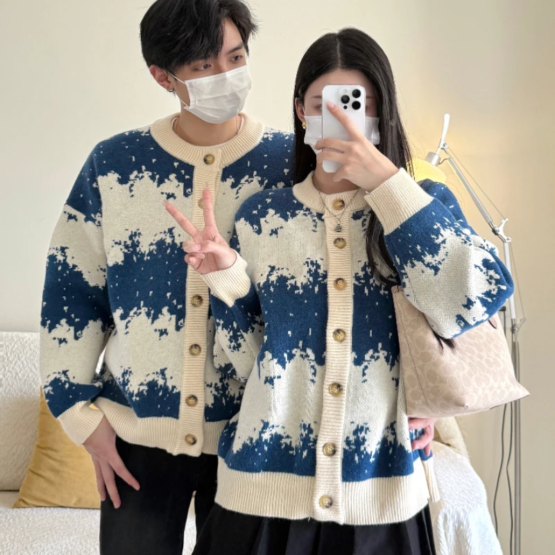 

New adient American Retro Open Cardigan Sweater Couple's Outerwear Winter Single Button Color Blo Top for Men Soft Knitted