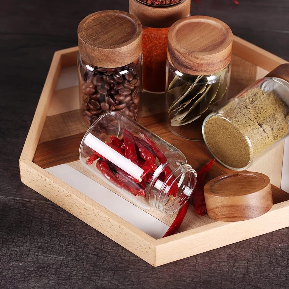 Glass Food Storage Jars with Screw Airtight Seal Acacia Wood Lids,Spice Jars with Lids, Organization for Jars Bottles Containers