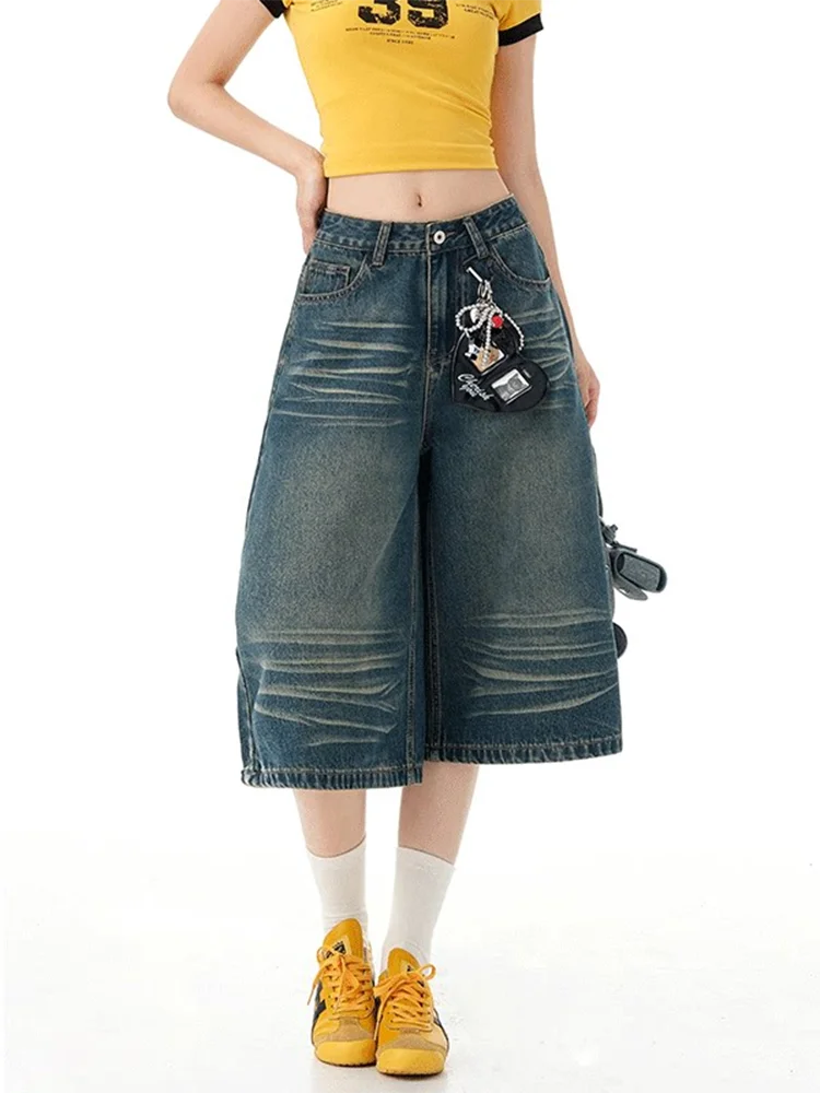 

Y2K American Washed Retro Wide Leg Seven Quarter Denim Shorts High Waisted Loose Straight Leg Pants Summer for Women
