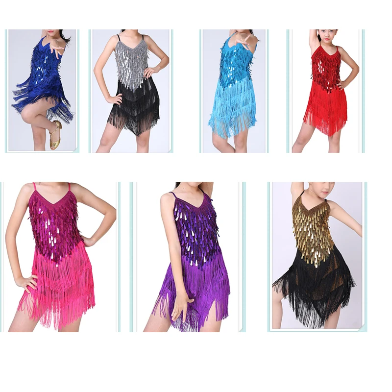 Girl's Sequin Tassel Dress Latin Dance Skirt Costume Sparkling for Kids Ballet Tango Rumba Dance Wear 