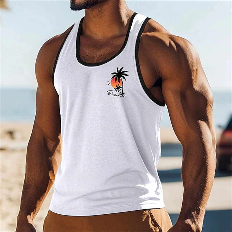 Men's Hawaiian-Style Fashionable Casual Tank Top Round-Neck Beach Vacation Tank Top for Men Sports and Fitness Tank Top