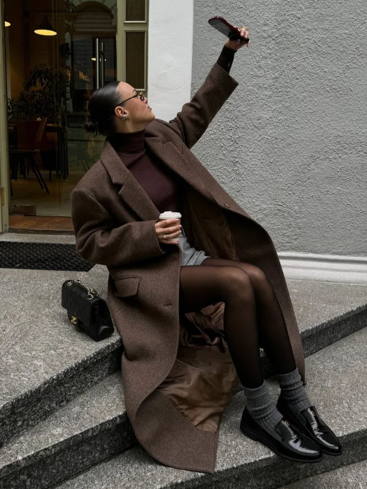 

Модное однотонное шерстяное пальто с подплечниками, женское элегантное однобортное пальто с лацканами и длинными рукавами, осень 202, женская пригородная верхняя одежда