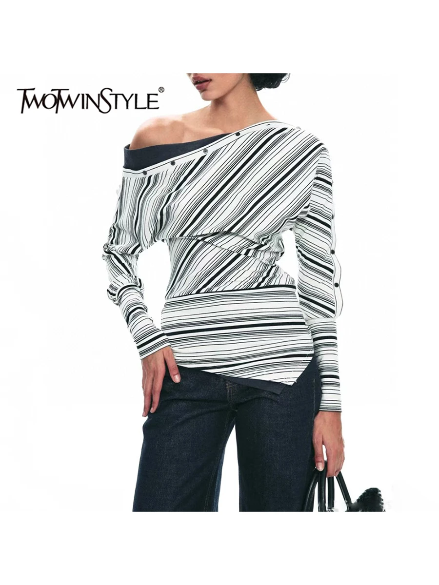 

TWOTWINSTYLE Hit Color Loose Casual T Shirts For Women Slash Neck Long Sleeve Tunic Temperament Irregular T Shirt Female Fashion