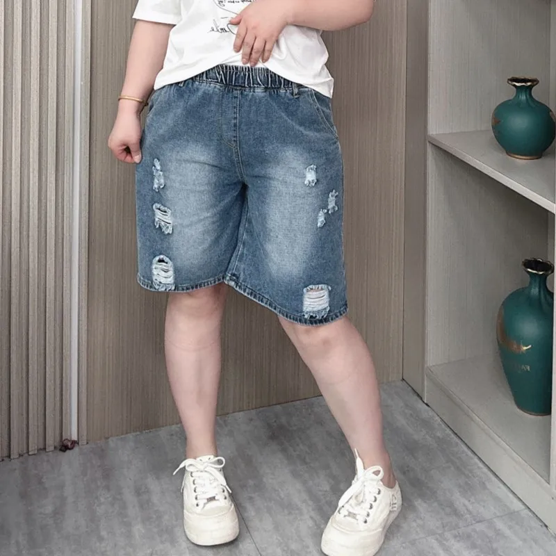 Summer 2024 Knee Length Ripped Jeans Plus Size Women Elastic High Waist Loose Holes Wide Leg Casual Denim Shorts