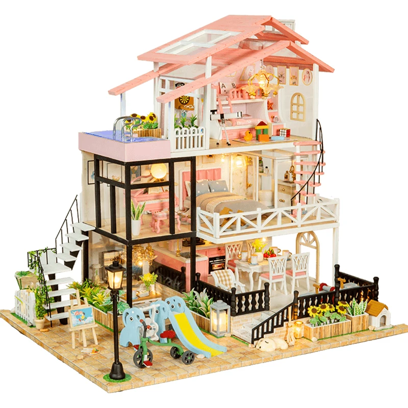 بيت دمية الأميرة المصغر DIY مجموعة خشبية ثلاثية الأبعاد مجموعة ألغاز فيلا مع أثاث LED أضواء مهرجان هدية عيد ميلاد للفتيات #5