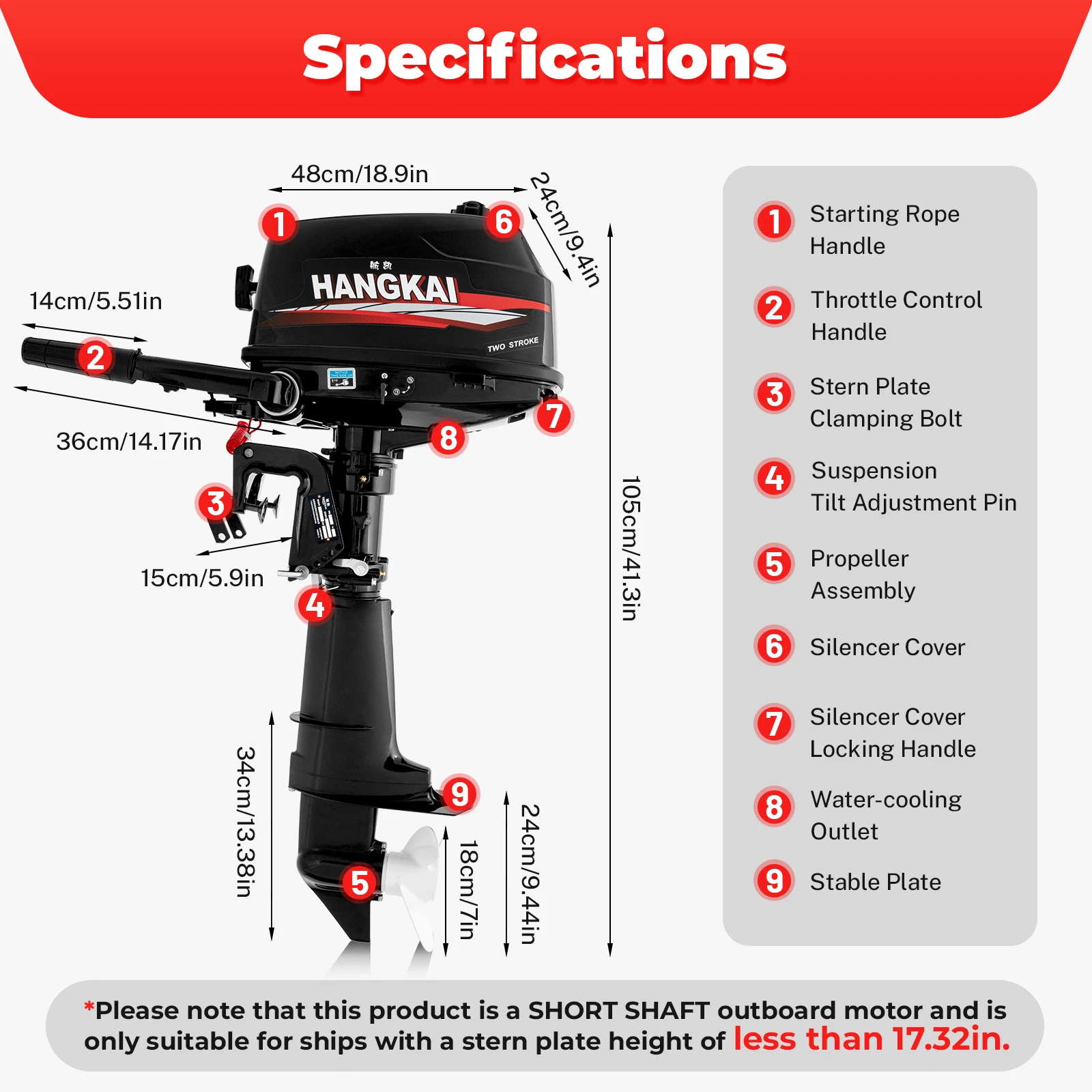 102CC 2-Stroke 6HP Outboard Motor Ship Boat Engine Max Speed 4500-5500r/Min 4.4kw Low Noise CDI Ignition for Rubber Fishing Boat