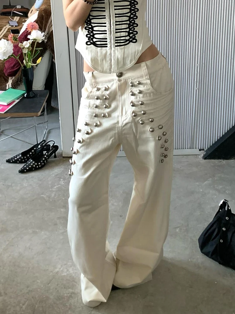 Retro American Hot Girl Metal Buckle Design Loose Casual Wide Leg Jeans for Women Autumn Street Style Versatile Floor-Length ...