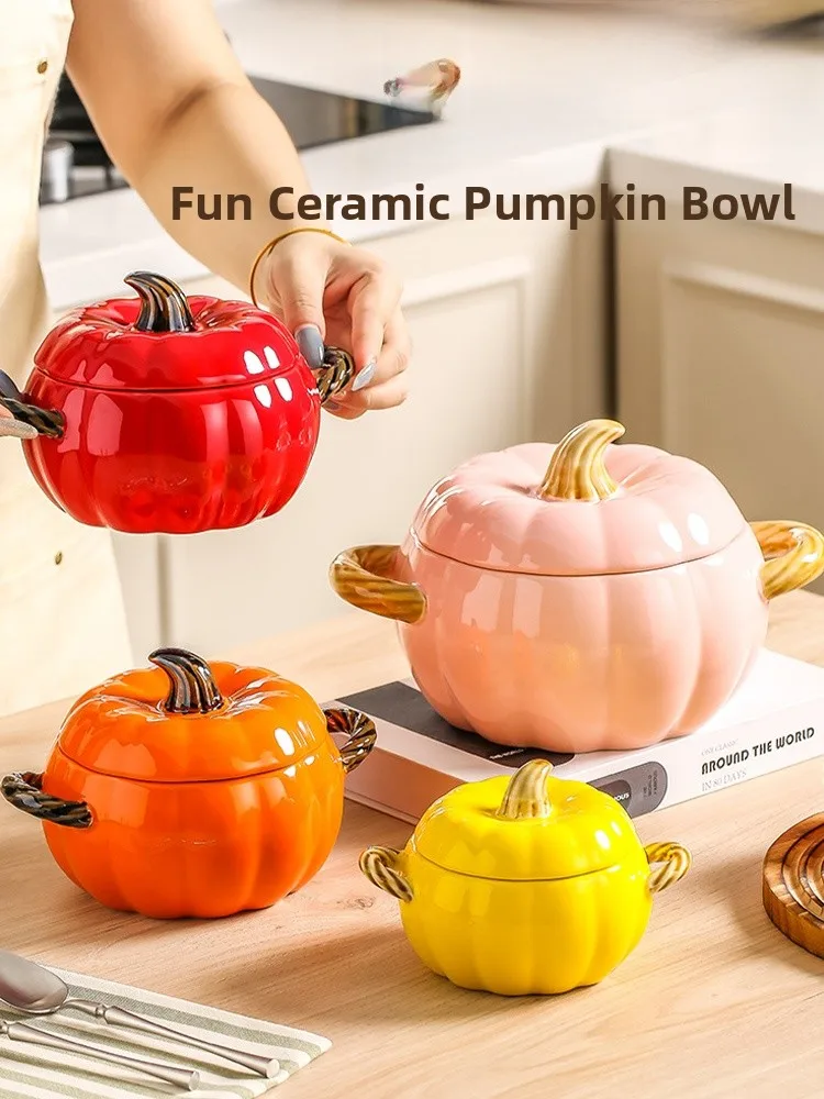 

Home Use Cerc Pumpkin Baking Soup Bowl Double Ear Porcelain Soup Bowl with Lid Silver Ear Porrie Bowl Country Sle