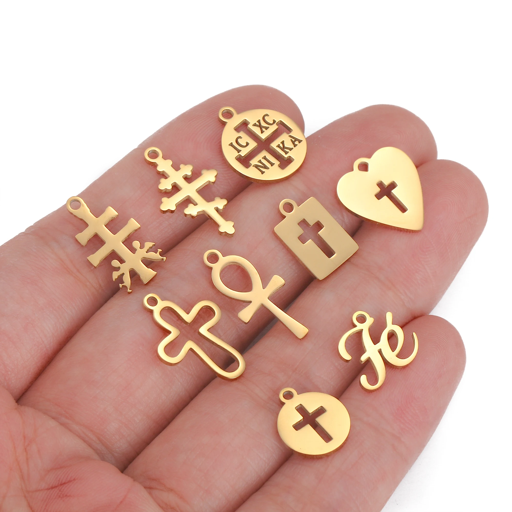 5Pcs Hollow Heart/Jesus Christ/IC XC NIKA Cross Stainless Steel Bracelet Earrings Necklace Pendants DIY Jewelry Making Accessory