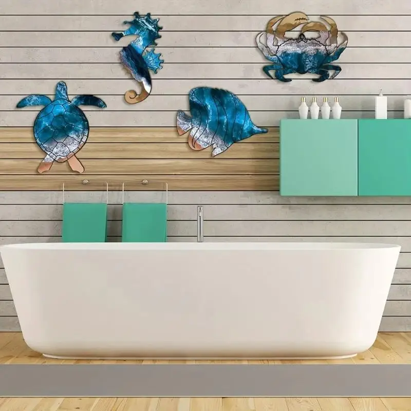 652F Marine Styles Wall Plaque Set, 4 Piece Wooden Ocean Animal Display with Flat Panel and Quick Install Strips for Nursery,