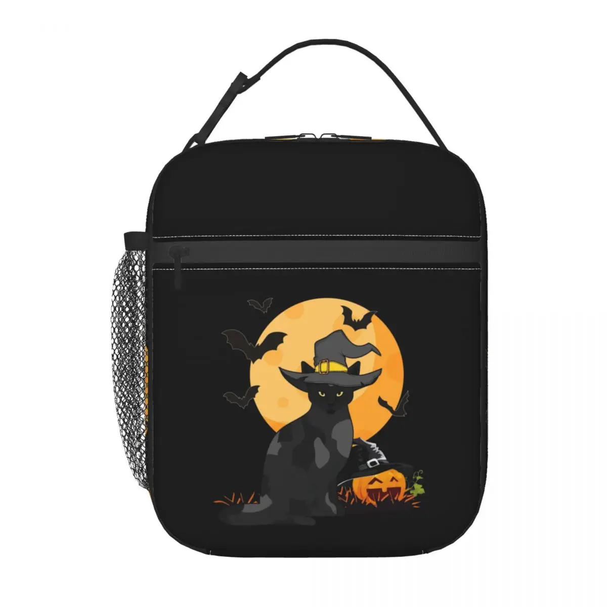 Custom Black Cat Halloween Pumpkin Insulated Lunch Tote Bag  Kitten Haunted Portable Thermal Cooler Bento Box