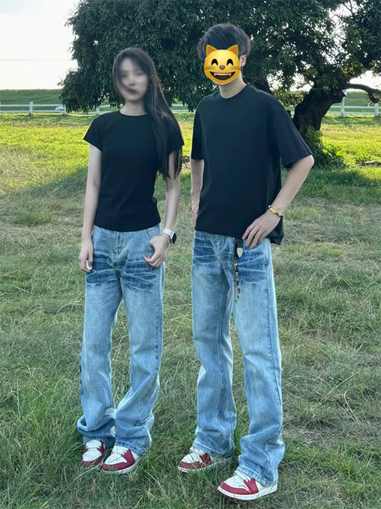 

Blue Lightning Pattern Flared Jeans Men's Summer American High Street Vibe Pants High Waist Straight Leg Narrow Version