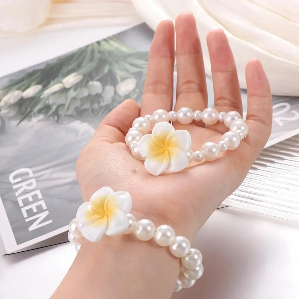 Fashion Elegant Plumeria Flower Head Rope Sweet Korean Style Flower Head Rope Elastic Rubber Band Pearl Hair Loop Ponytail Band