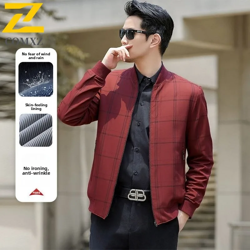 

COMXZ 2025 Mens Stand Collar Jacket Spring Business Casual Coat Middle Aged Dads Lightweight Comfortable Windproof Outerwear