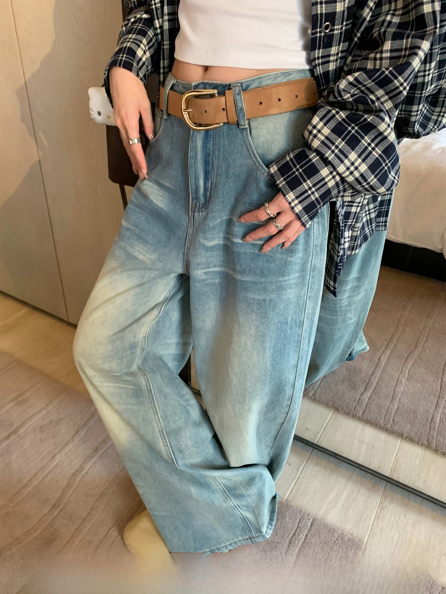 

Женские джинсы свободного кроя с широкими штанинами, повседневные, удобные, в американском стиле, с высокой талией