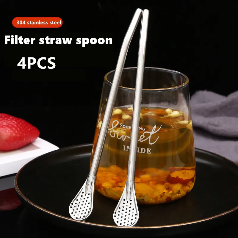 Stainless Steel Drinking Straw Spoon Tea Filter Detachable Reusable Metal Straws with Brush Drinkware Bar Party Tool Accessories