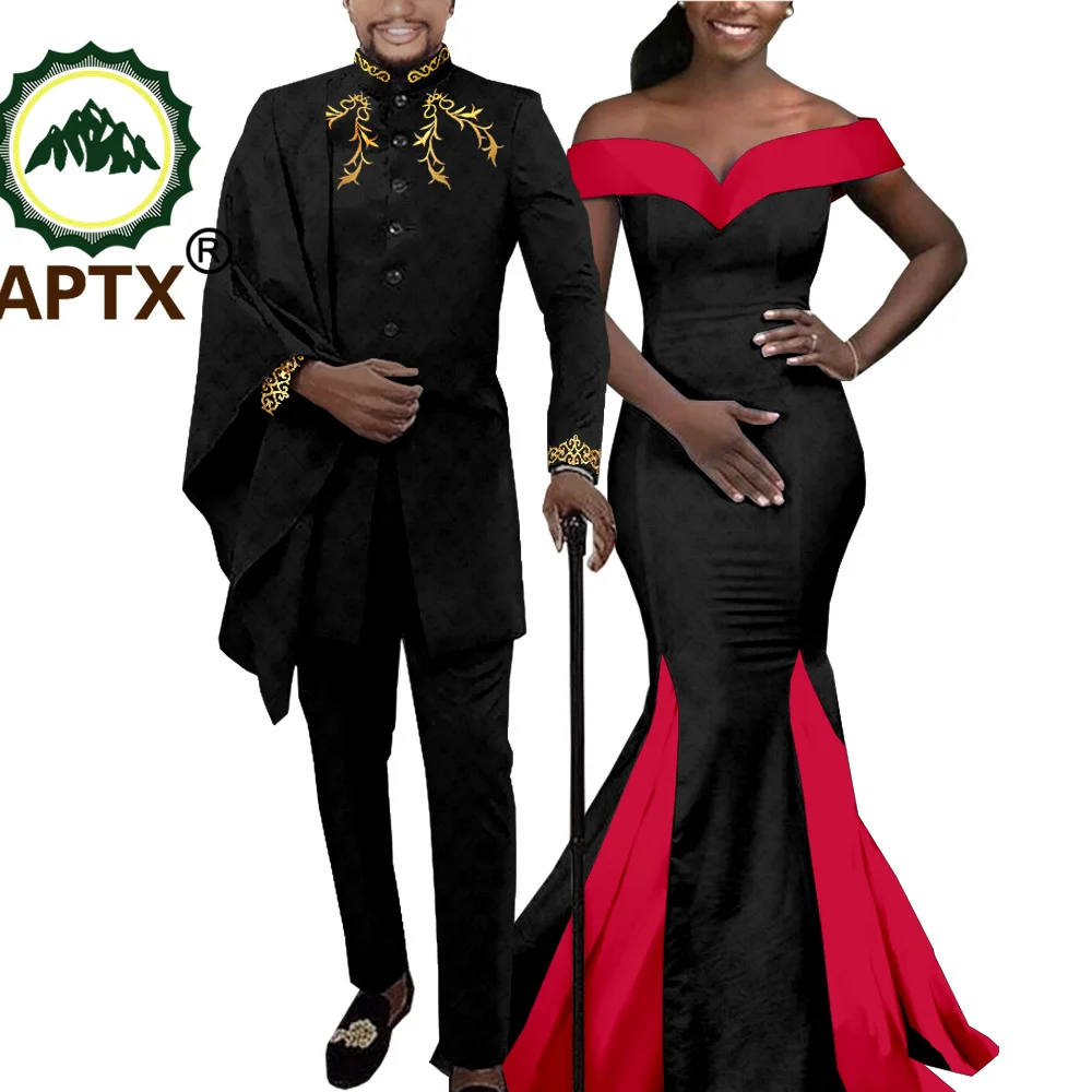 

African Dresses for Couple Matching Outfits Men's Coat Pants Suit 2 Pieces Set for Wedding Women Sexy Mermaid Dresses TY23C011