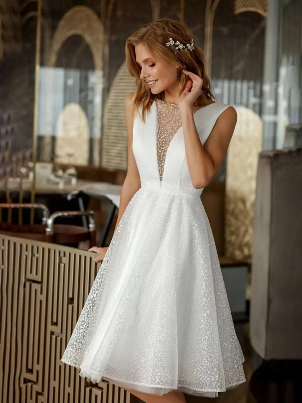 ボヘミアン ショート ウェディングドレス 花嫁用 ブライダルガウン 女性用 Vネック バックレス