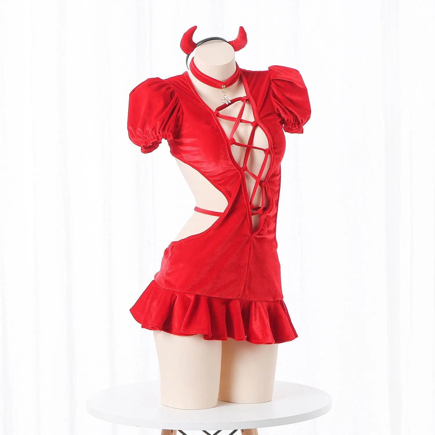 Hot Sexy Red Hollow Out Pajamas Backless One Piece Dress Jumpsuit Bandage Costumes Bodysuit For Women Christmas Cosplay