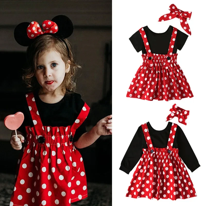 

Summer Short Sleeve Dot Dance Suspender Skirt Baby Girls Cartoon Minnie Clothing Suit Kids Birthday Party Princess Dress 1-5Year