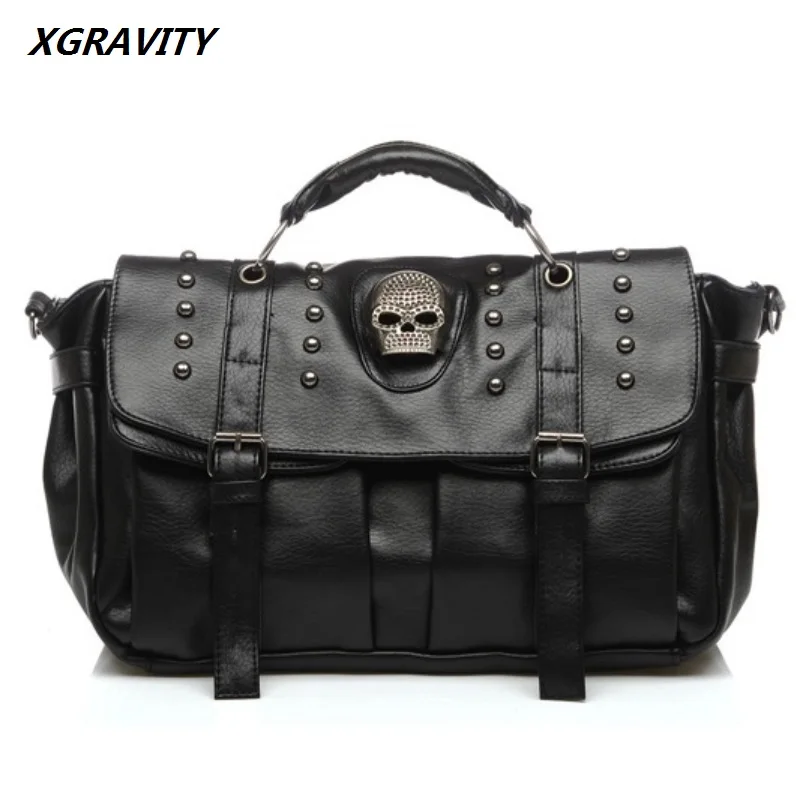 

Xgravity 2024 Women Messenger Bags Designer Motorcycle Punk Style Skull Rivet Tote Bag Crossbody Bags Ladies Leather HandBags