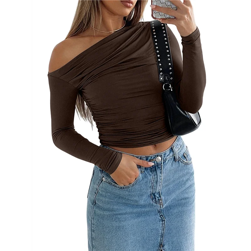 

CYL-Women's Casual Long Sleeve Boat Neck Off Shoulder Slim Fit Crop Top Going Out Blouses Y2K Tight Shirts