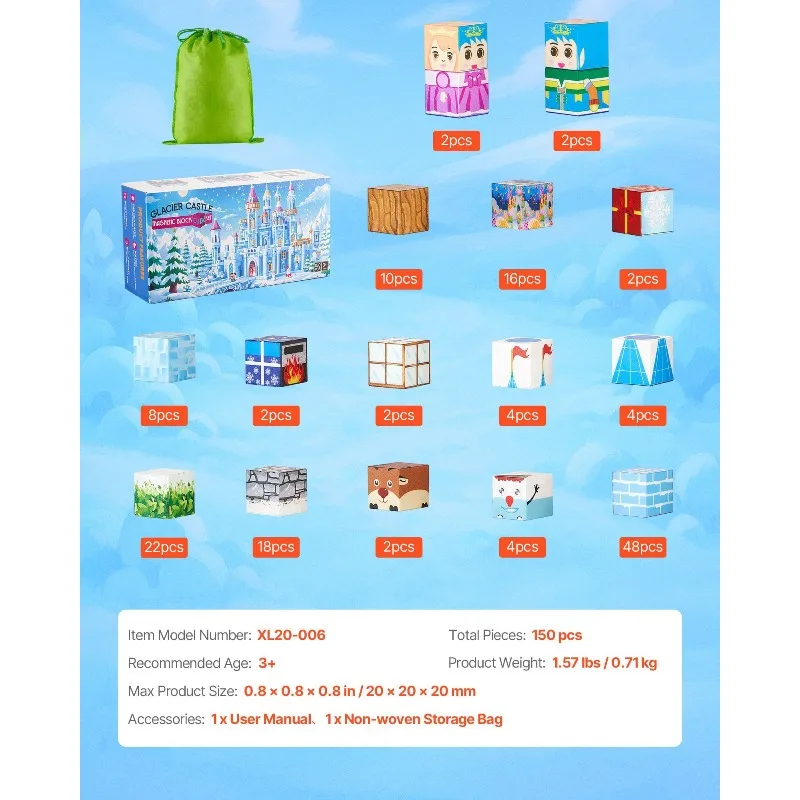 Blocs magnétiques 150 pièces, ensemble de château Glacier, jouets sensoriels STEM Montessori