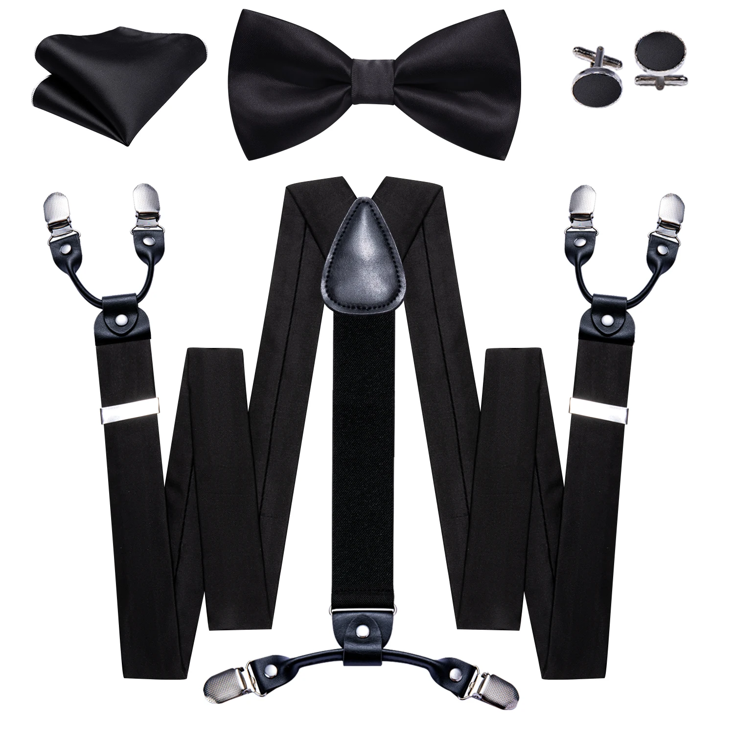 Barry.Wang Black Silk Suspender High Quality Solid Bowtie Handkerchief Cufflinks Set For Men Business Party Designer Gifts 2092