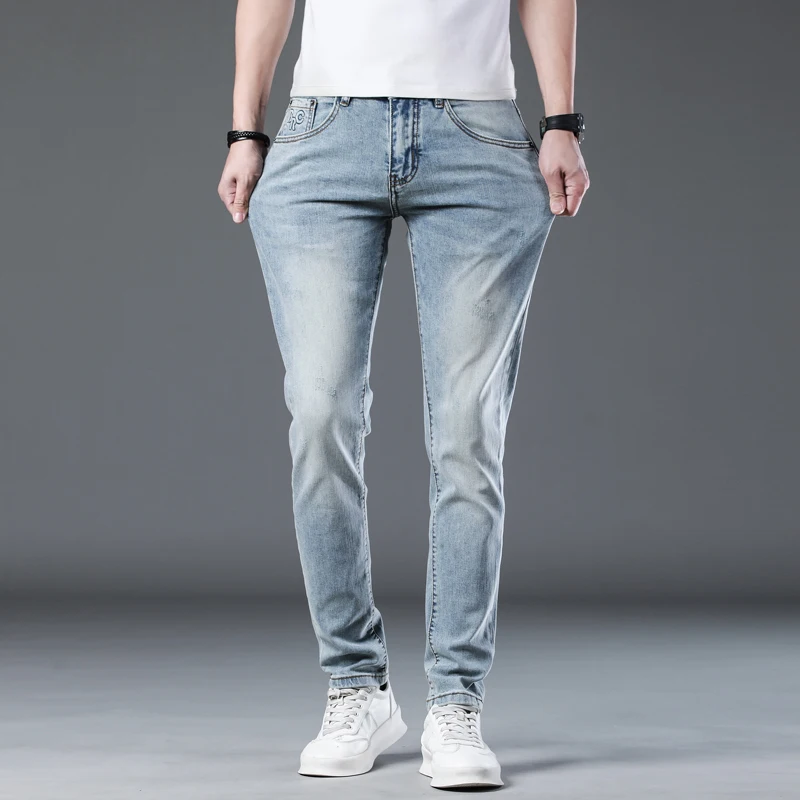 Jeans Men Skinny Fit Sky Blue Stretch 2024 Spring Summer Male Pencil Pants Denim Trousers Men's Clothing Jeans Fashion Letters