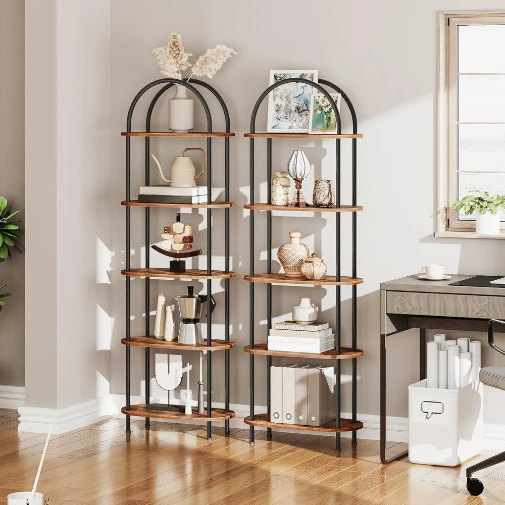 

Industrial Arched Bookcase Display Shelf Racks, Wooden Bookcase Storage Shelves Metal Frame, Tall Storage Organizer for Home