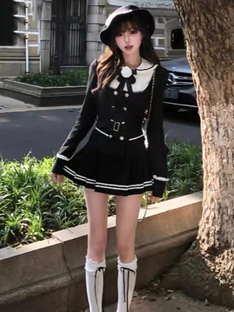 Ensemble 2 pièces pour femmes, Style Preppy, Vintage, foncé, Slim, rayé, manteau, hauts, Mini jupe plissée, costume, tenues uniformes élégantes, automne