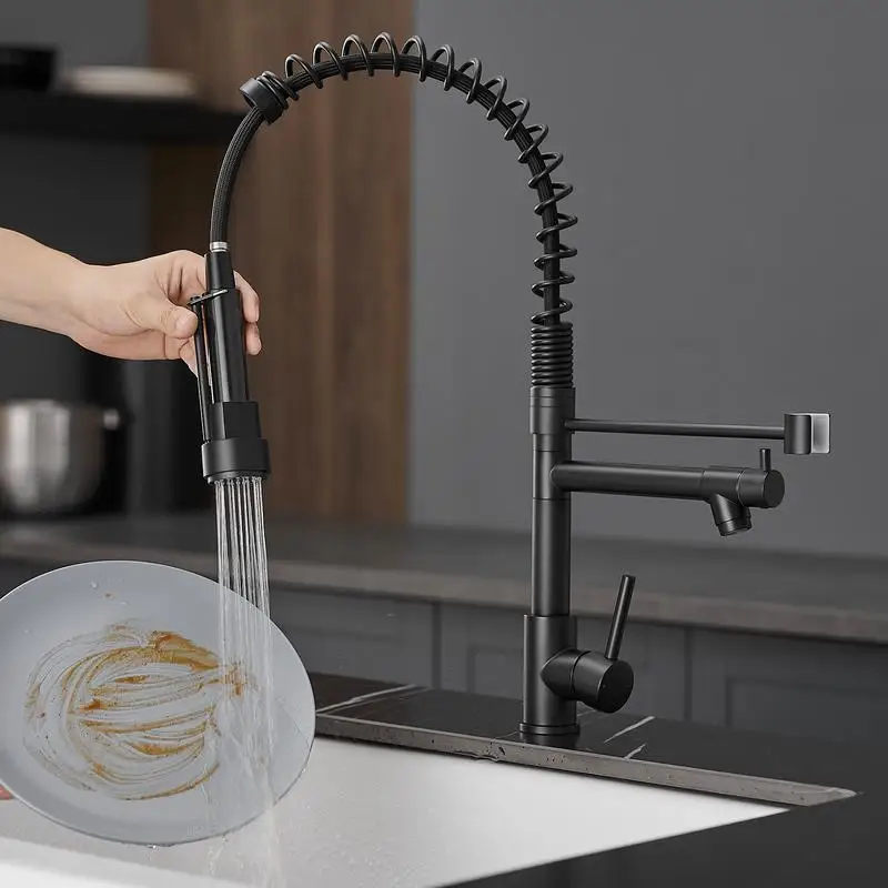 Keran Dapur Stainless Steel dengan Semprotan Tarik, Keran Wastafel Satu Tuas, Desain Modern untuk Penggunaan Rumah & Restoran