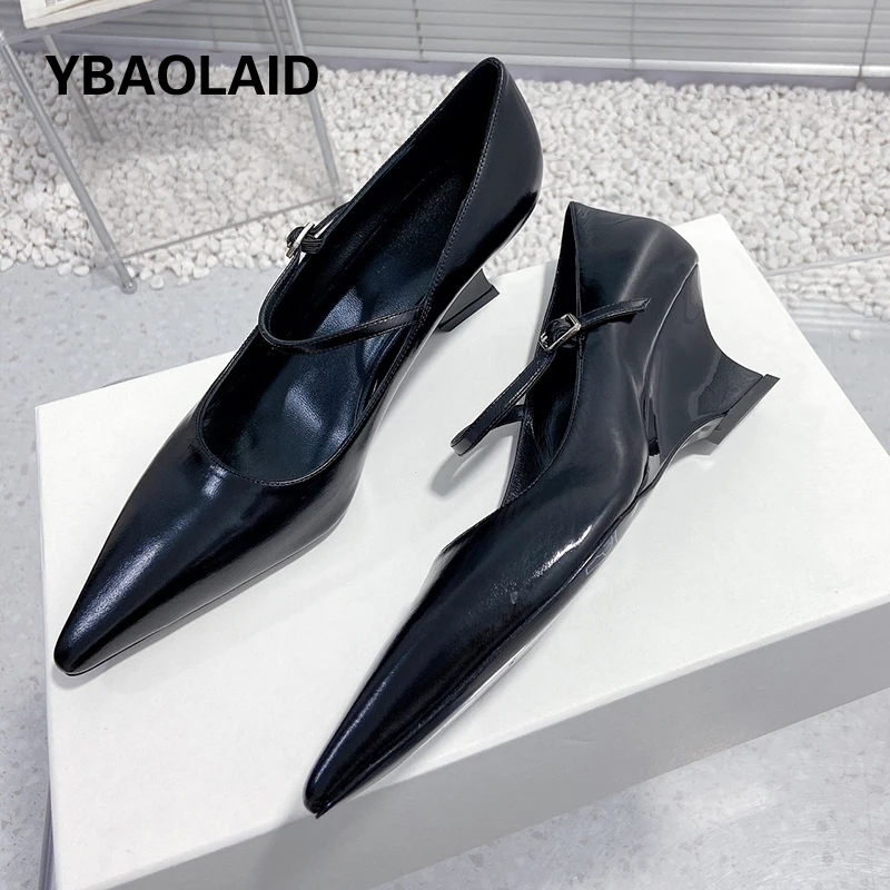 

Strange Style Wedge Heel Women Pumps Solid Pointed Toe Buckle Strappy Sexy High Heels Shallow Mouth Mary Janes Shoe Party Shoes