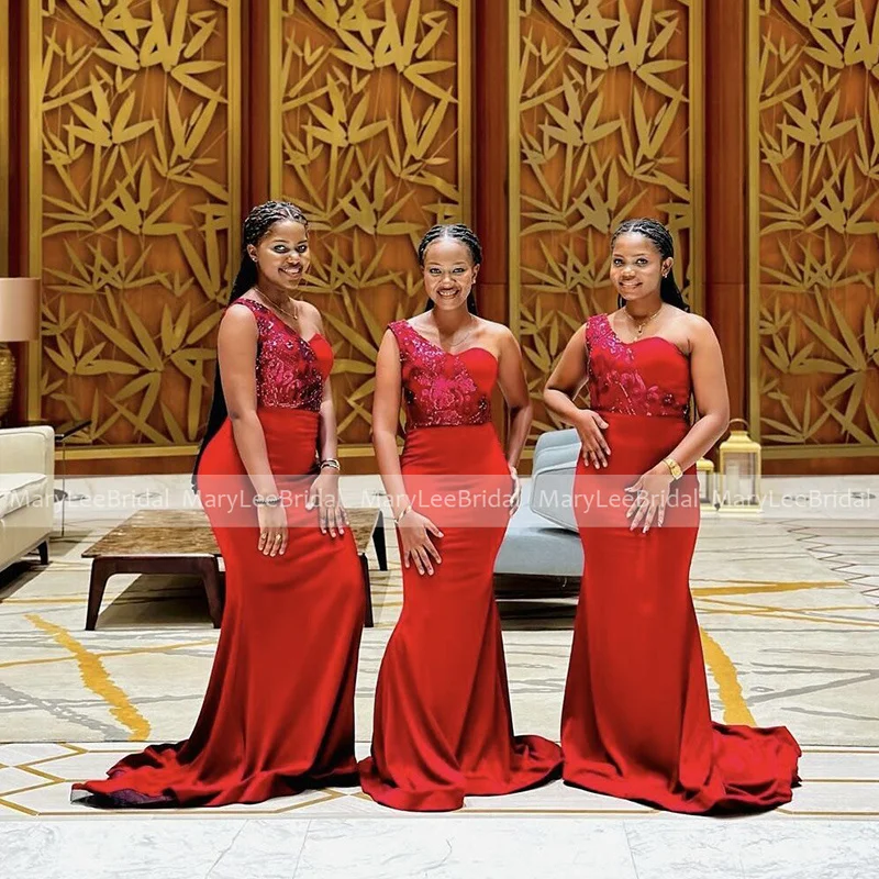 

African Women Red Bridesmaid Dresses Shiny Sequins Applique One Shoulder Mermaid Long Wedding Guest Dress Maids Reception Gowns