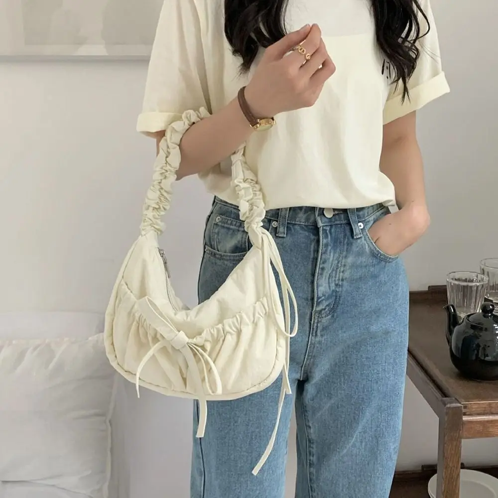 

Elegant Nylon Pleated Hand Bag Bow Portable INS Shoulder Bag Korean Style Luxury Fashion Underarm Bag Women