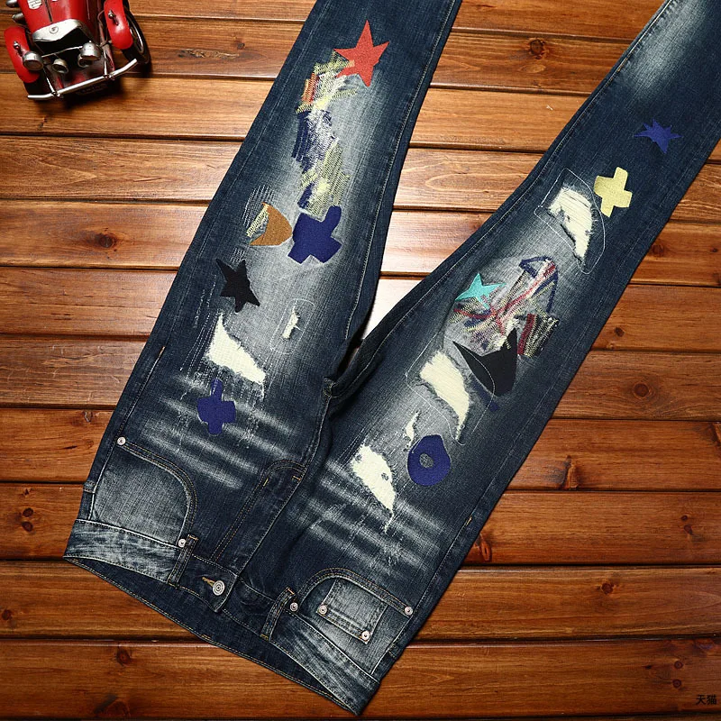 Embroidered jeans men's ripped 2024 New elastic slim-fitting small straight patch trendy wild casual motorcycle trousers